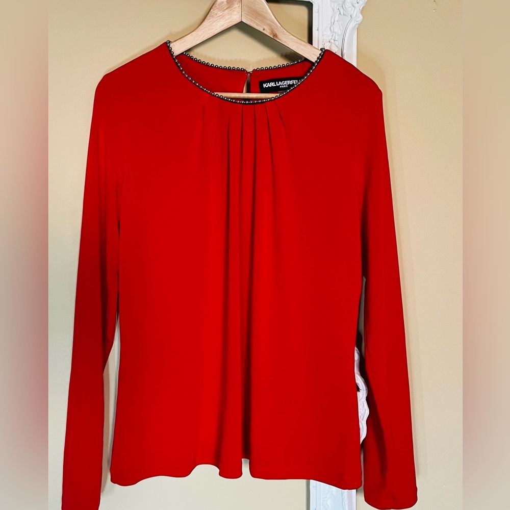 Karl Lagerfeld Red Blouse with Beaded Neckline